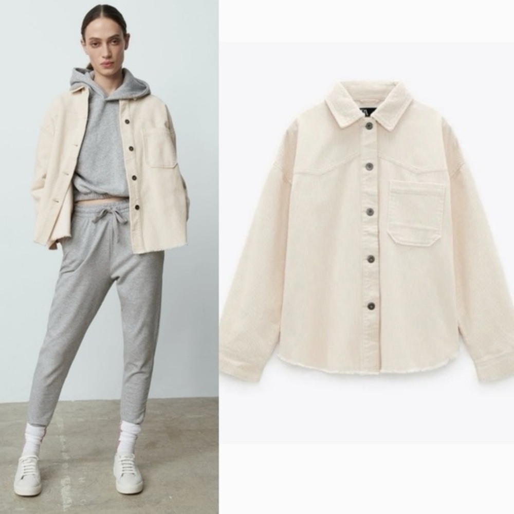 ZARA EUC Corduroy Overshirt Button Down Jacket Shaket Oyster White Ecru White